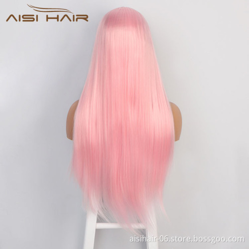 Aisi Hair 26 Inch Long Silky Straight Pink Wig Natural Straight Swiss Lace Wig Middle Part Lace Frontal Wigs For Black Women